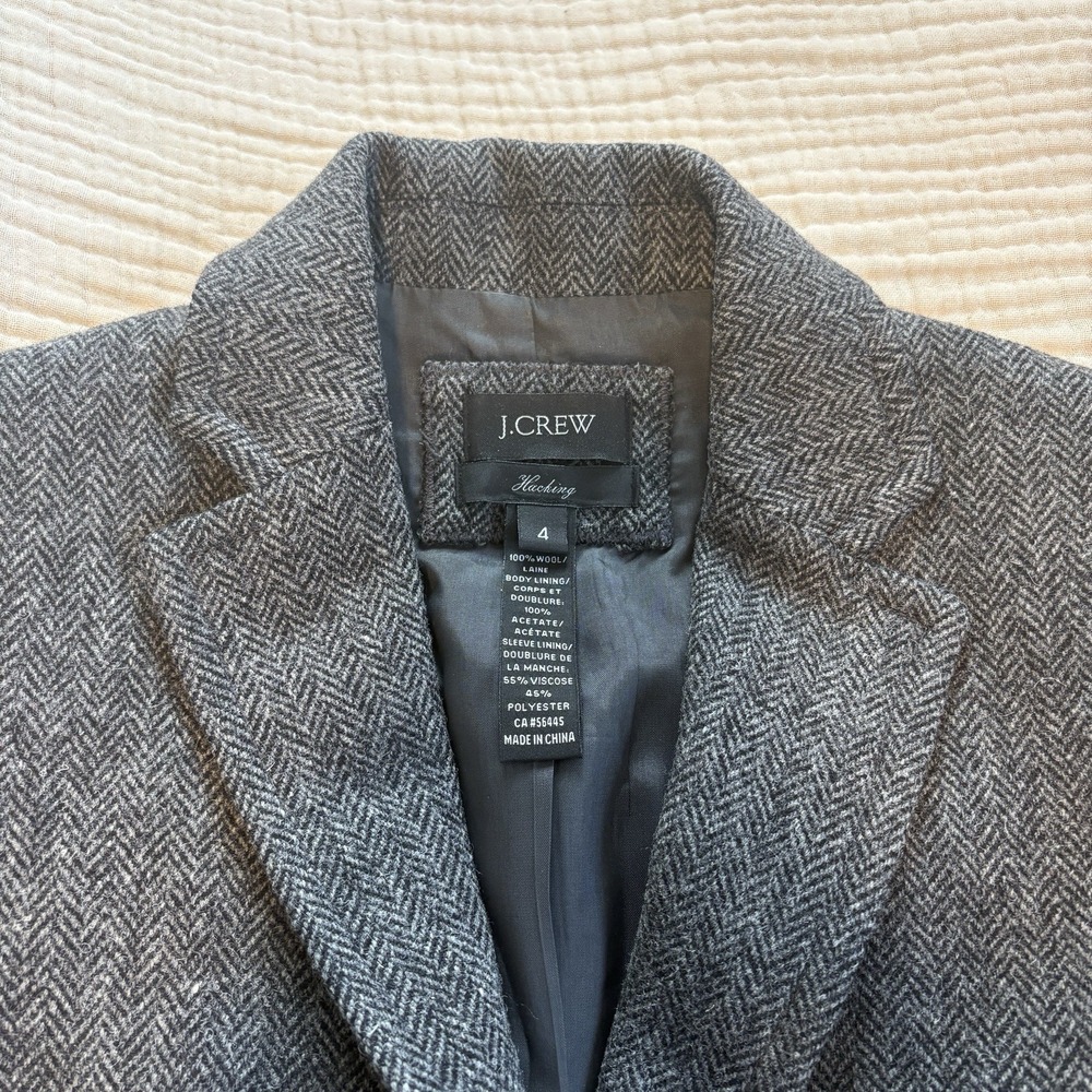 J CREW Womens Sz 4 Gray Black Herringbone Wool Button Lined Jacket Blazer - Picture 2 of 8
